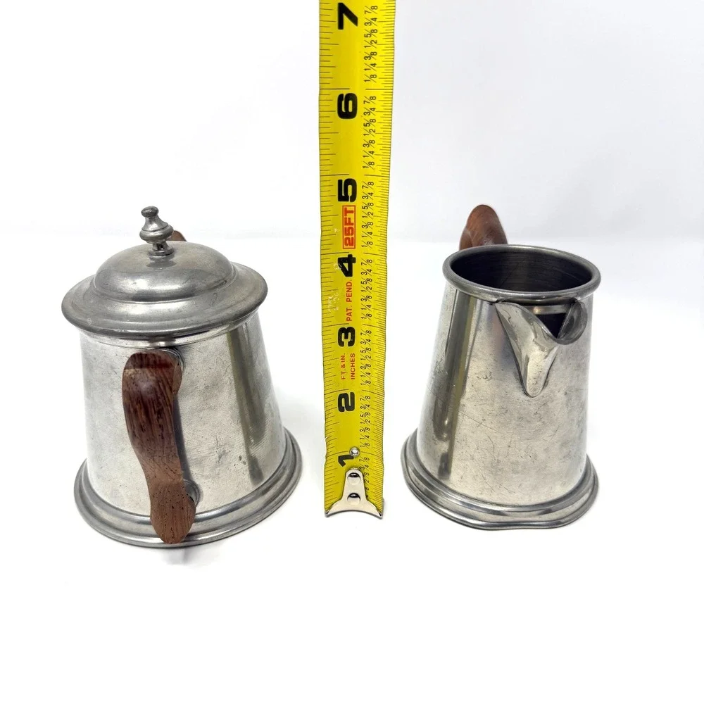 Stieff Pewter Creamer Sugar Bowl Set Wood Handle Cream Pitcher‎